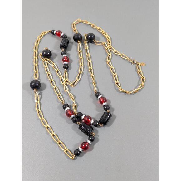 Cadoro Vintage Gold Tone Necklace Black Red Glass Lucite Long Opera Length 54" - Picture 3 of 9